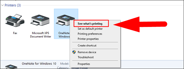 nhấn chuột phải vào máy in đang sử dụng => Chọn See what’s printing.