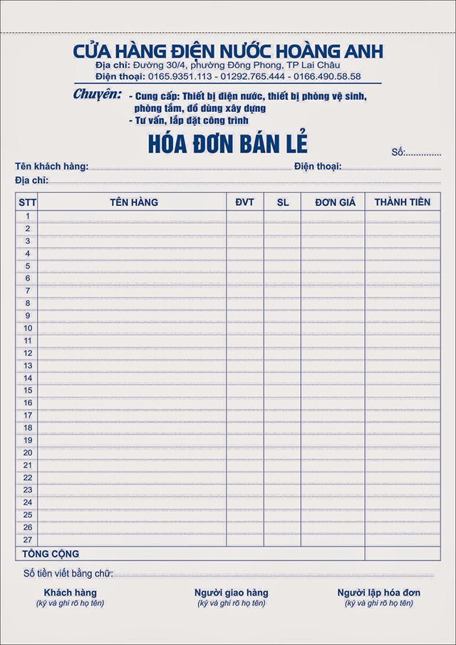 Quy cách in hóa đơn