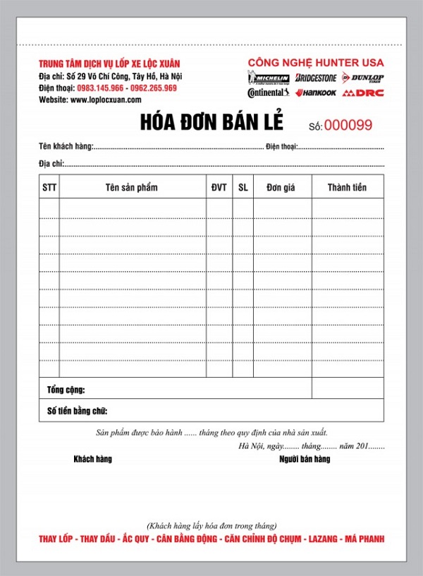 Kích thước hóa đơn phổ biến