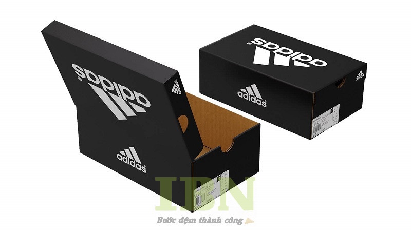 Mẫu hộp giấy đựng giày Adidas màu đen trắng, nắp liền thân