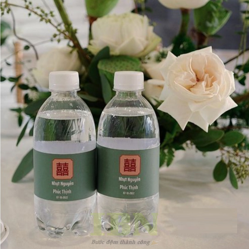 Mẫu tem decal dán quanh thân chai nước đám cưới, đám hỏi