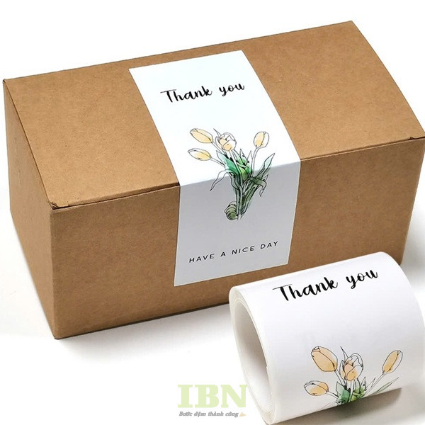 Mẫu tem dán chữ thank you hình chữ nhật, dán hộp