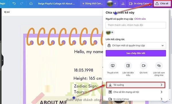 nhấp vào nút chia sẻ ở góc trên bên phải màn hình, chọn định dạng file bạn muốn lưu và nhấn vào lệnh Tải xuống