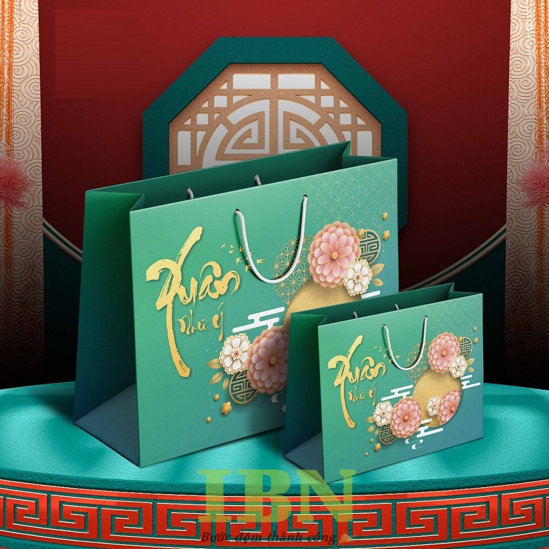 Mẫu túi giấy đựng quà Tết màu xanh trang nhã, tinh tế