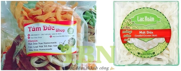 Hình dáng và các kích thước tem mứt dừa phổ biến