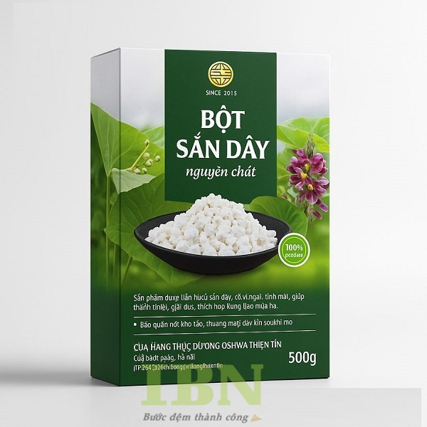 Mẫu hộp giấy đựng bột sắn dây tông xanh dịu mát