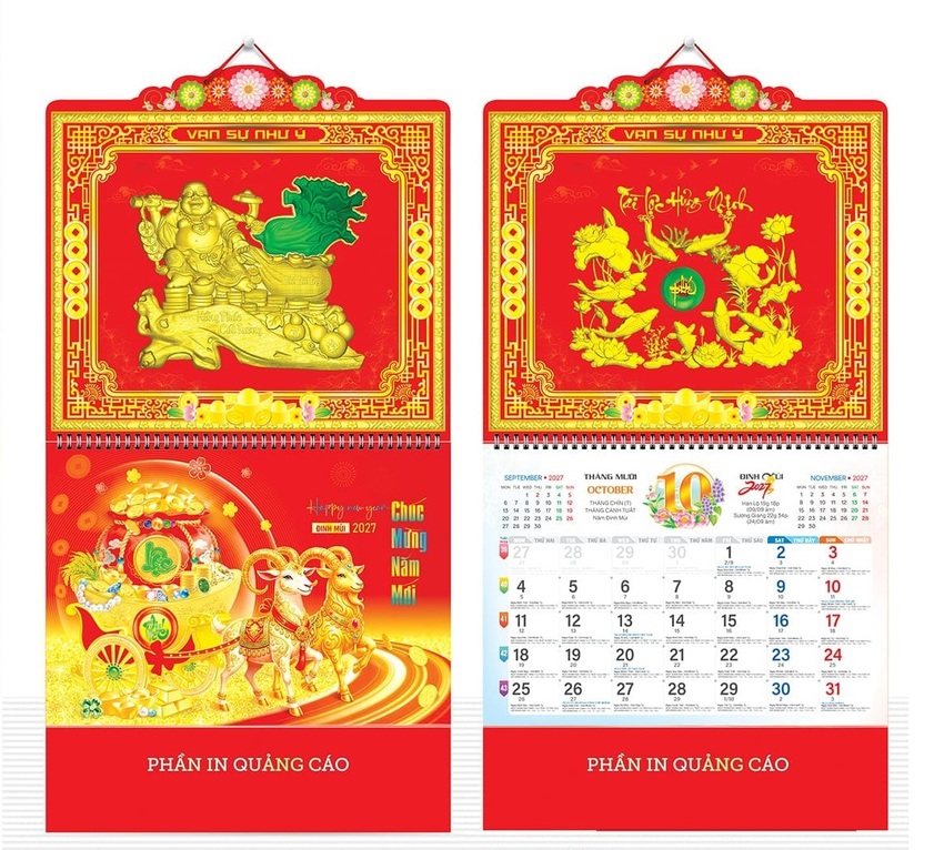 Mẫu lịch treo tường lò xo giữa chủ đề linh vật năm Đinh Mùi - con Dê