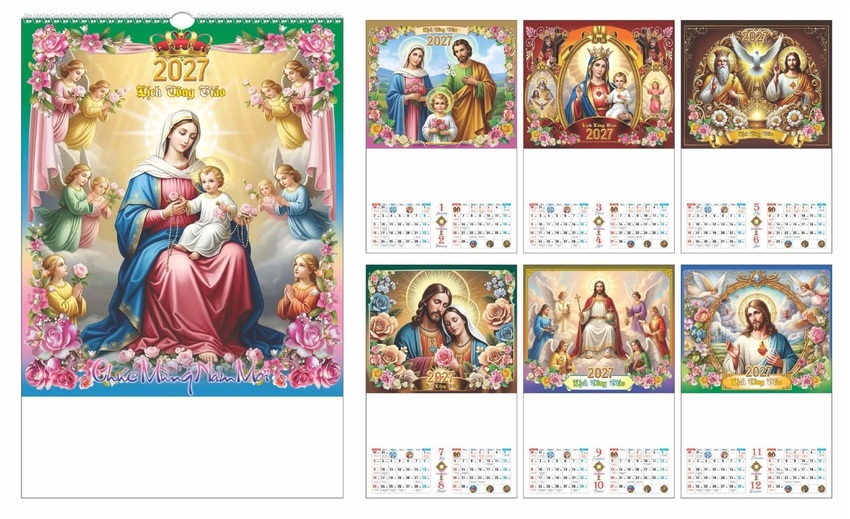 Mẫu lịch treo tường 7 tờ chủ đề công giáo
