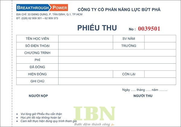 Mẫu phiếu thu theo yêu cầu