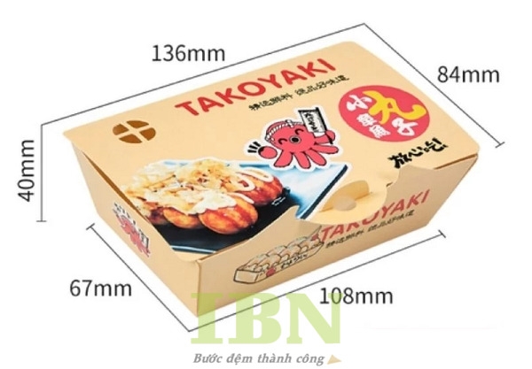 Hộp giấy đựng bánh Takoyaki có những kích thước nào phổ biến?