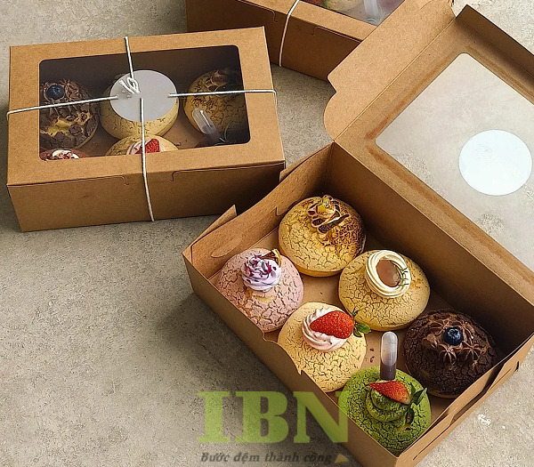 Mẫu hộp giấy kraft đựng 6 bánh su kem, thiết kế đẹp
