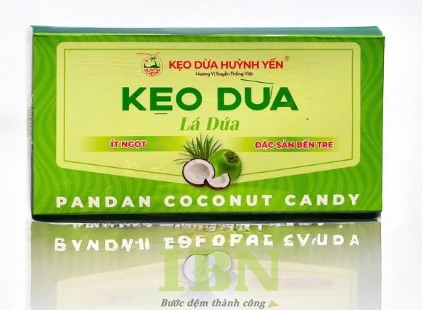 Mẫu hộp giấy đựng kẹo dừa lá dứa thiết kế ấn tượng với tông màu xanh lá