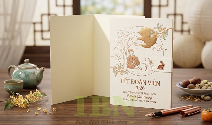 Mẫu thiệp chúc mừng trung thu in hình chú Cuội, cung Trăng, thỏ Ngọc