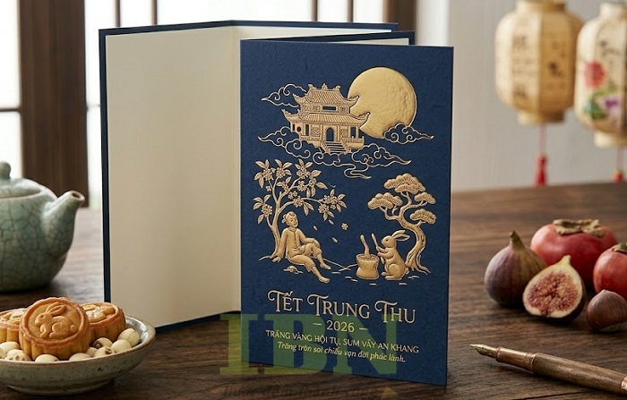 Mẫu thiệp trung thu màu xanh navy in ép kim nổi bật