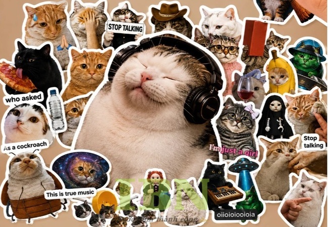 Mẫu sticker chú mèo phiêu theo nhạc hài hước, cute