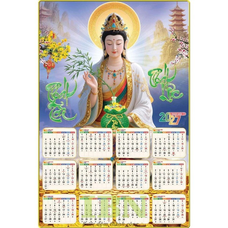 Mẫu lịch treo tường 1 tờ Tết 2027 in hình Quan Thế Âm
