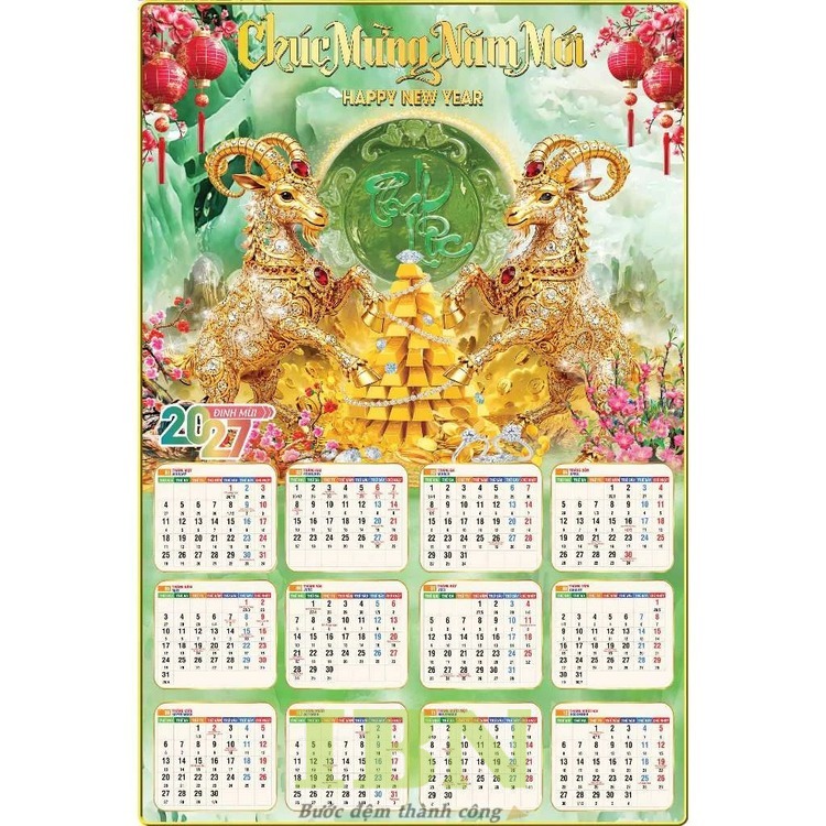 Mẫu lịch treo tường 1 tờ Tết Đinh Mùi 2027 in hình Dê vàng