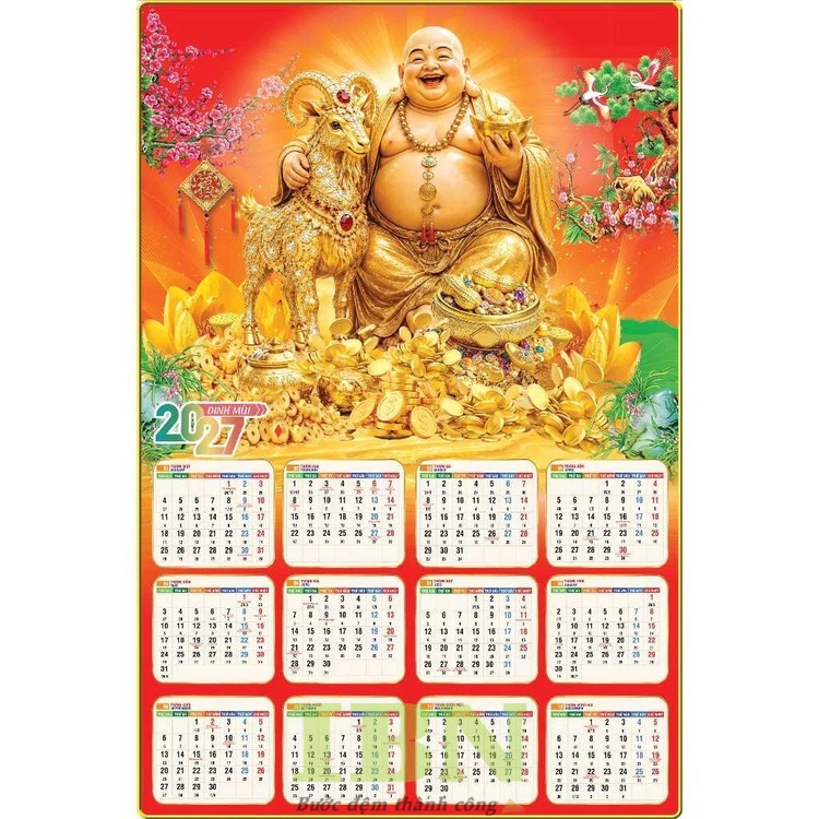 Mẫu lịch treo tường 1 tờ Tết Đinh Mùi 2027 in hình Phật Di Lặc
