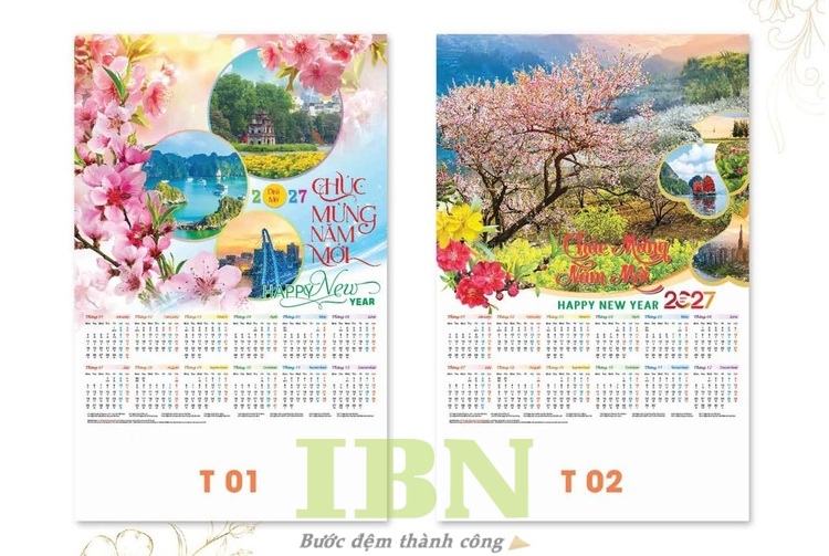 Mẫu lịch treo tường 1 tờ chủ đề hoa xuân
