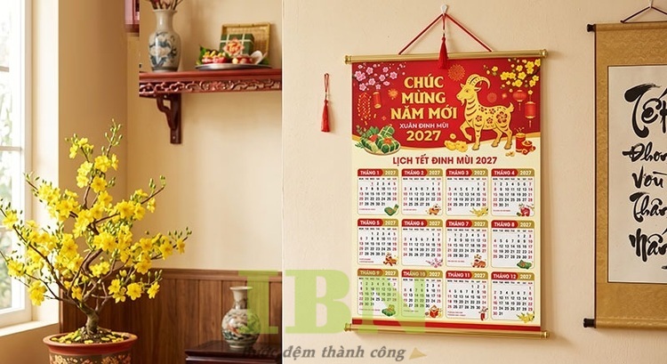 Mẫu lịch treo tường 1 tờ in hình con dê, linh vật năm Đinh Mùi 2027