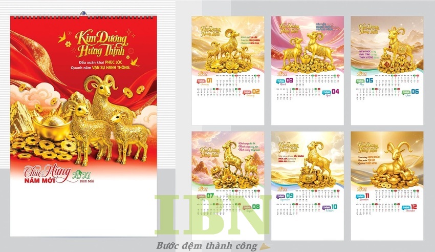 Mẫu lịch treo tường 5 tờ đẹp chủ đề linh vật năm Đinh Mùi - dê vàng