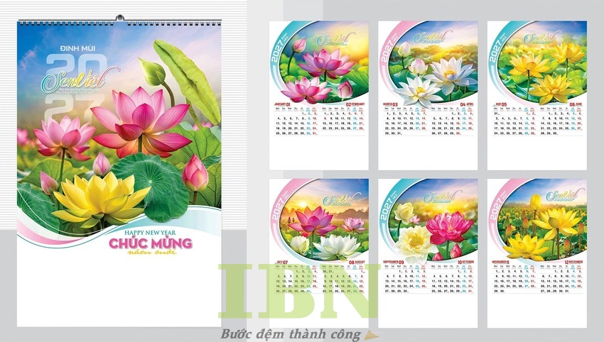 Mẫu lịch treo tường 5 tờ đẹp chủ đề hoa sen