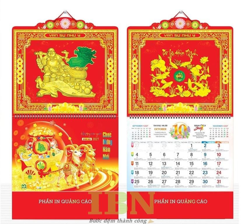 Mẫu lịch treo tường đẹp - lò xo giữa in hình Phật và linh vật 2027