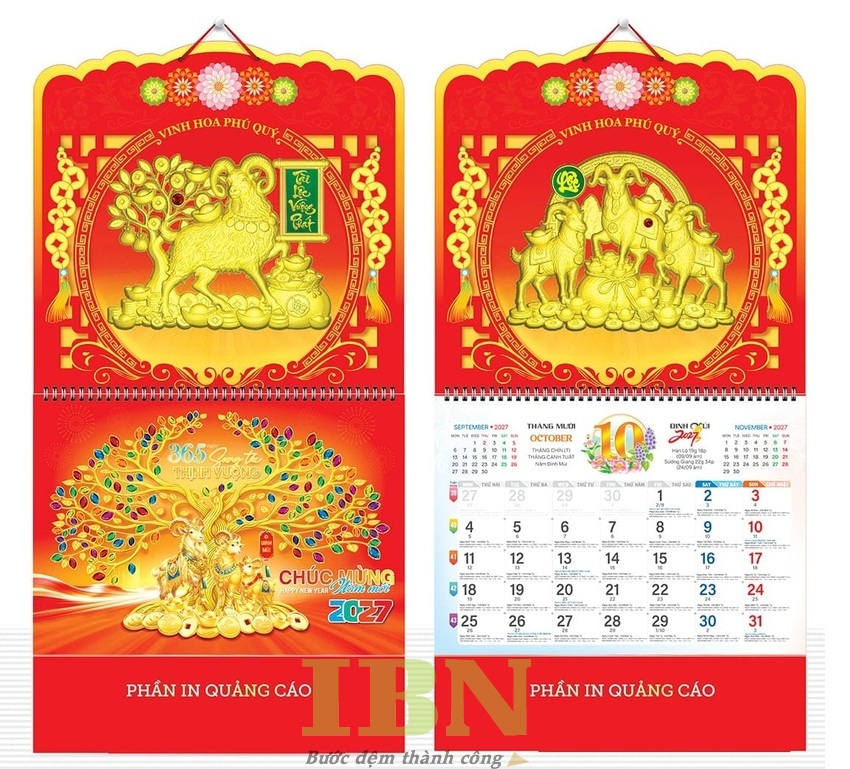 Mẫu lịch treo tường in hình dê vàng, linh vật Tết Đinh Mùi 2027